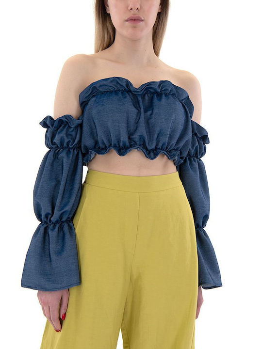 Co|Te Women's Crop Top Off-Shoulder Long Sleeve Blue