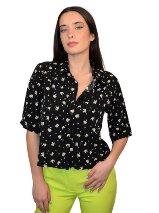 Morena Spain Women's Floral Short Sleeve Shirt Black