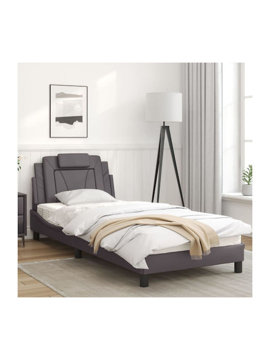 Bed Single Upholstered with Leatherette Gray wi...