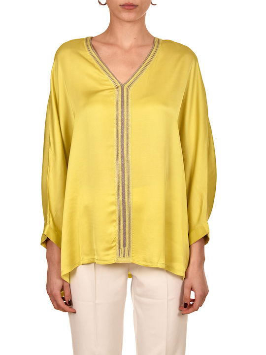 Aggel Women's Blouse Satin with V Neck Lime