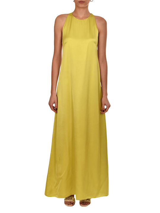 Aggel Maxi Evening Dress Satin with Sheer Lime
