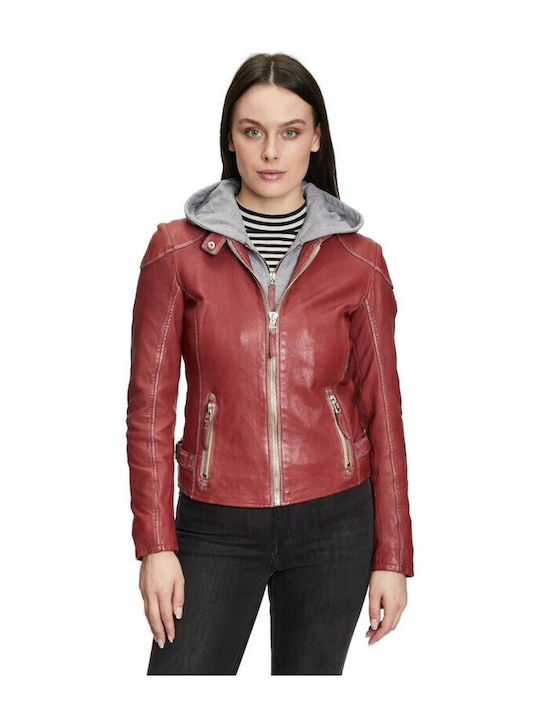 Gipsy Rose Women's Short Lifestyle Leather Jacket for Winter Red Crimson