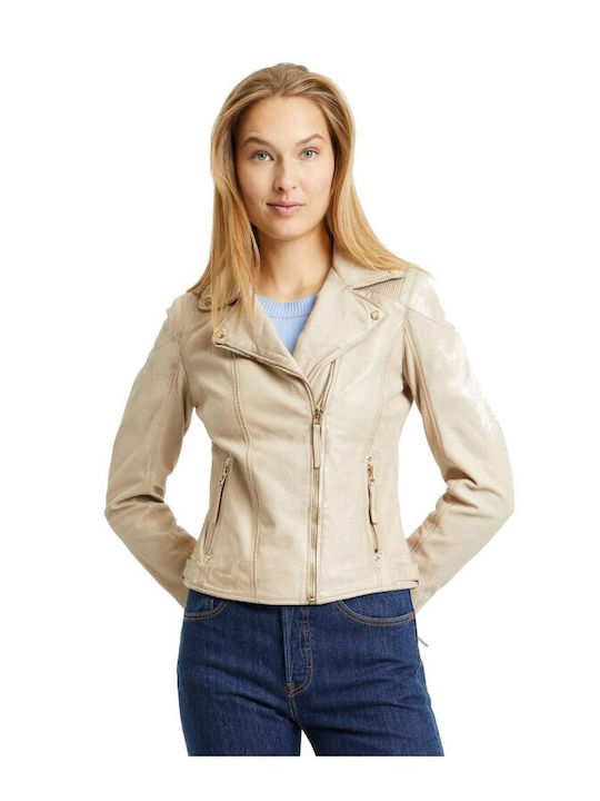 Gipsy Rose Women's Short Lifestyle Leather Jacket for Winter Beige