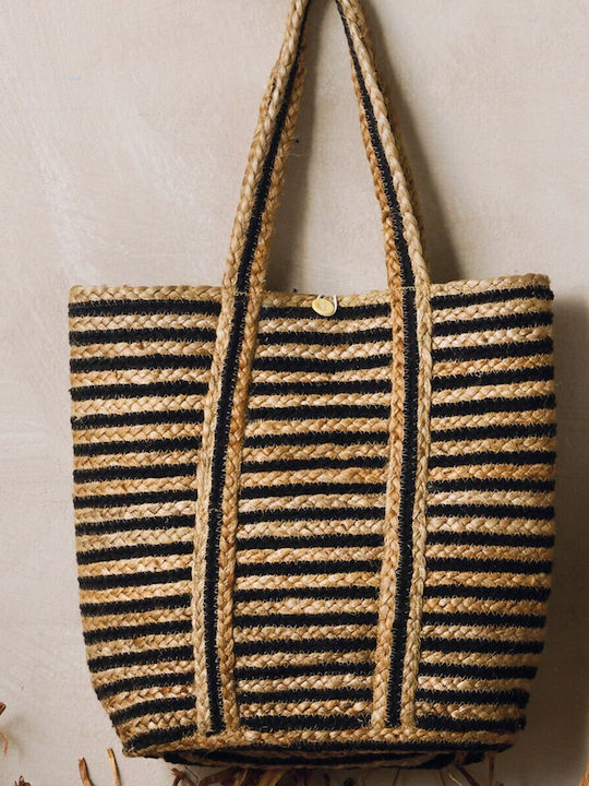 Kentia Straw Beach Bag Beige with Stripes