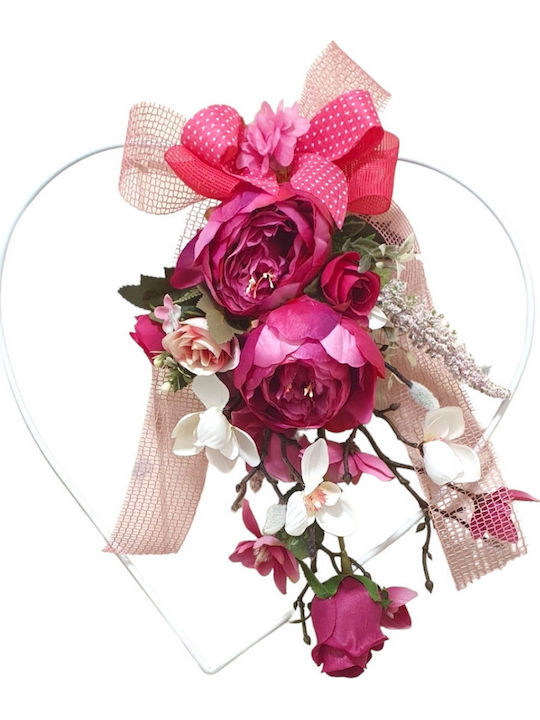 Inimă metalică albă decorată cu flori violet fucsia 40cm