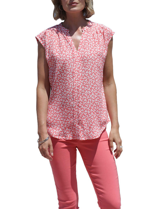 Pomodoro Women's Blouse with V Neck Floral Coral