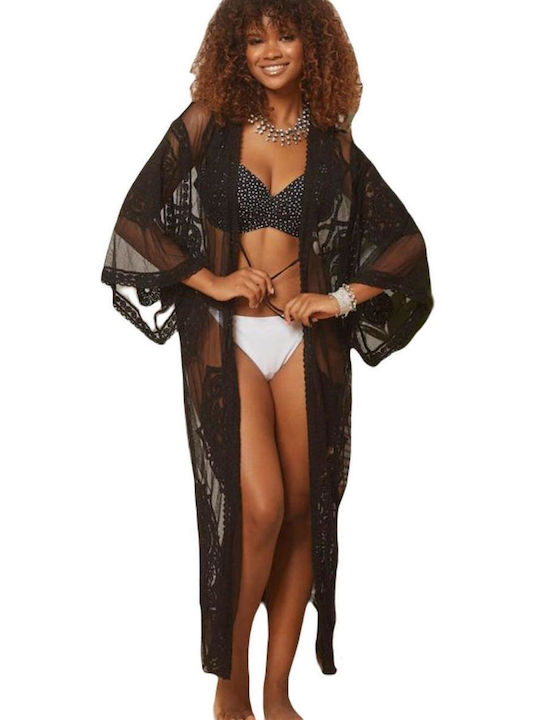 Rock Club Damen Maxi Kimono Strand Schwarz