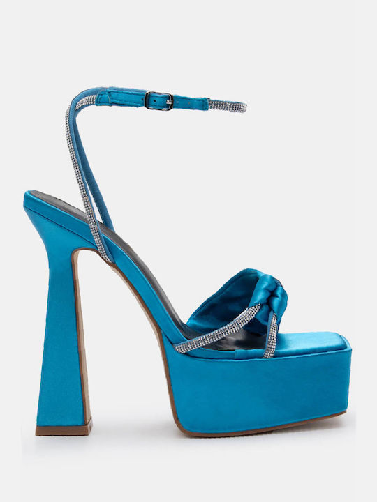 Luigi Platform Fabric Women's Sandals with Strass Light Blue with Low Heel