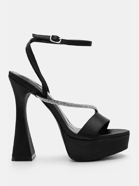 Luigi Platform Fabric Women's Sandals with Strass Black with Low Heel