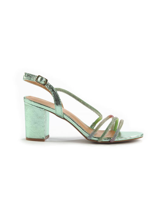 Fshoes Synthetic Leather Women's Sandals with Strass Green with High Heel
