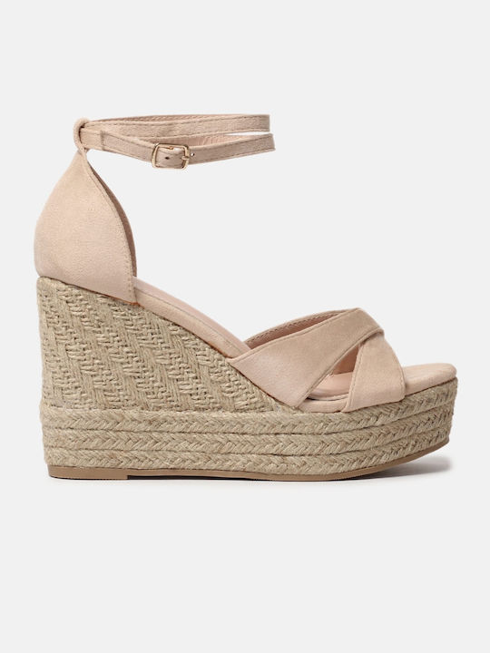 InShoes Women's Suede Ankle Strap Platforms Beige