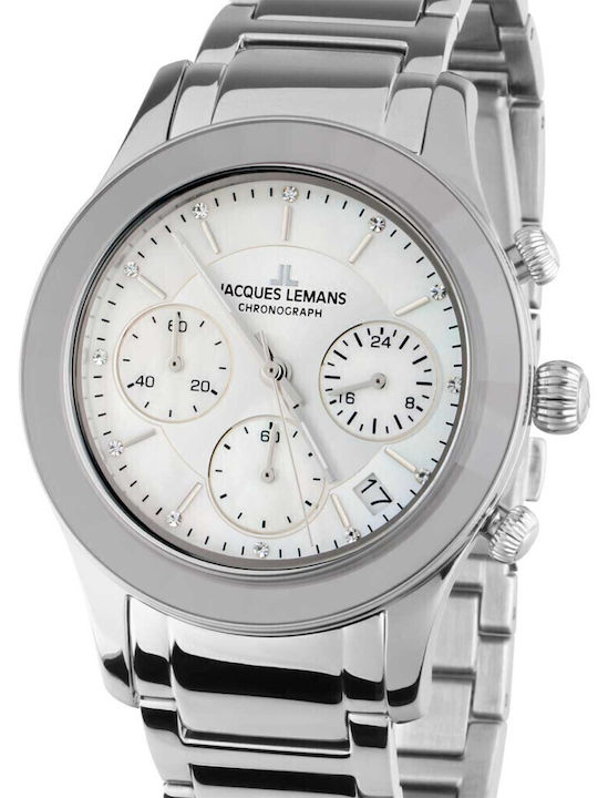 Jacques Lemans Γυναικείο Ρολόι 38mm Χρονογράφος Μπαταρίας με Ασημί Μεταλλικό Μπρασελέ