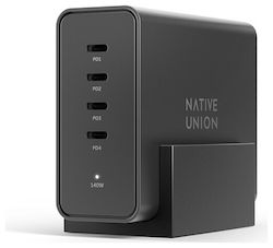 Native Union Βάση Φόρτισης GaN με 4 Θύρες USB-C και Καλώδιο USB-C 140W Power Delivery / SuperCharge σε Μαύρο χρώμα (FAST-PD140-BLK-EU)