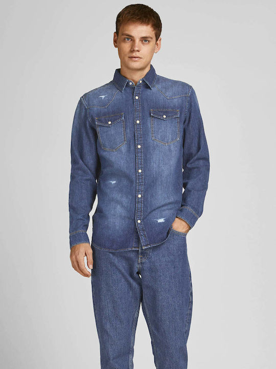 Jack & Jones Cămașă Bărbătească Cu mânecă lungă Denim Albastru mediu