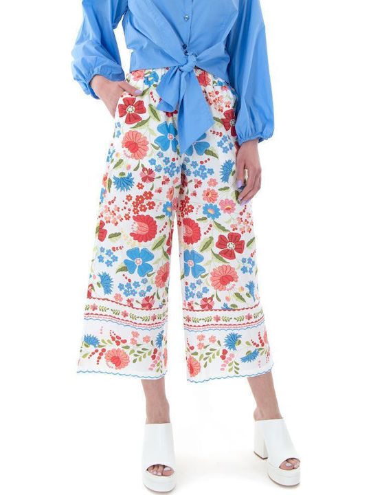 Damen Hochbund Stoff Capri Hose Blumen