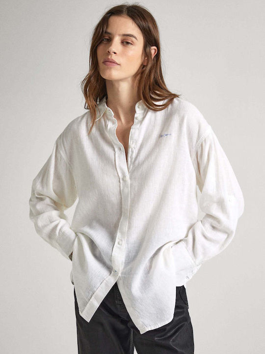 Pepe Jeans Women's Linen Monochrome Long Sleeve Shirt White