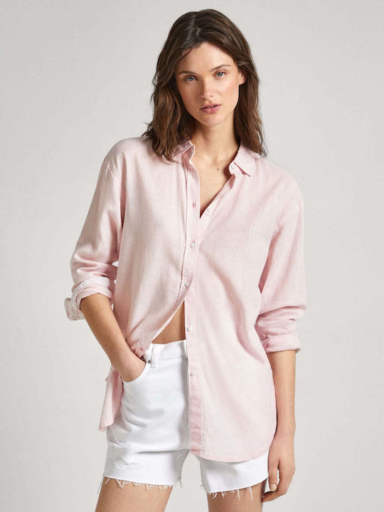 Pepe Jeans Women's Linen Monochrome Long Sleeve Shirt Pink