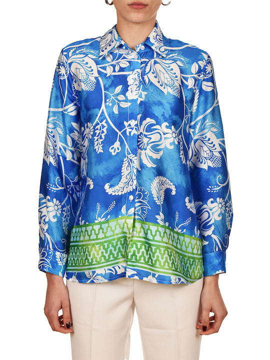 Twenty 29 Women's Satin Floral Long Sleeve Shirt Blue/green