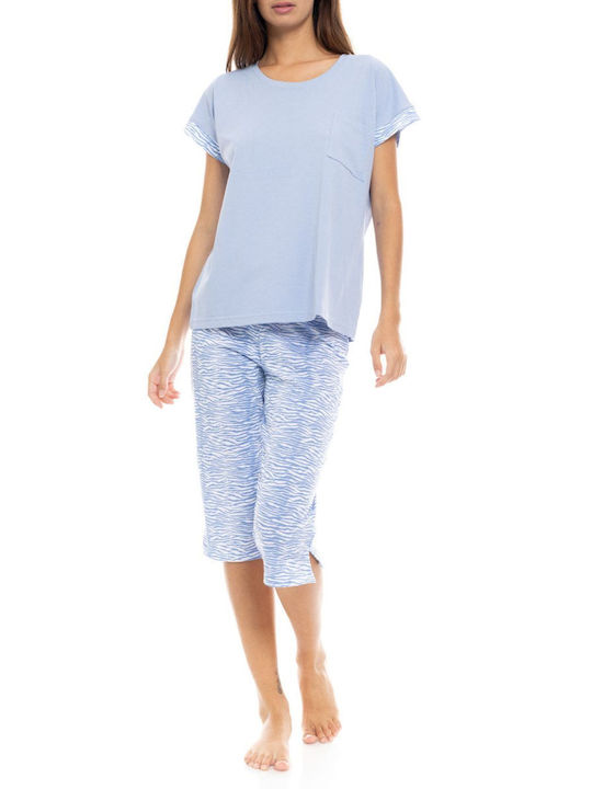 Pink Label Sommer Damen Pyjama-Set Baumwolle Blau