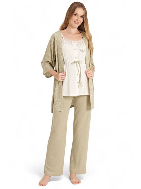 Feyza Spaghetti Strap Robe with Pajama Relaxed Fit for Maternity Hospital & Breastfeeding Green FZA5075