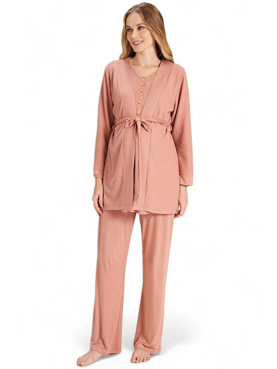 Feyza Long Robe with Pajama Relaxed Fit for Maternity Hospital & Breastfeeding Pink FZA5076