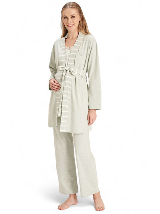 Feyza Long Robe with Pajama Relaxed Fit for Maternity Hospital & Breastfeeding Green FZA5077