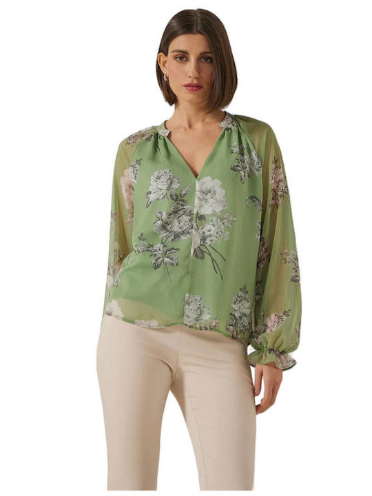 Enzzo Women's Blouse Long Sleeve with V Neck Aloe