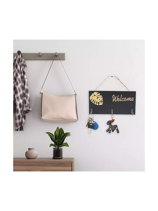 Uncle George Wall Key Holder Wooden Wooden Black Key Holder with Gold Letters "Welcome" and 3 Metal Hooks and Modern Leaf Design 3 positions 20x1x10cm