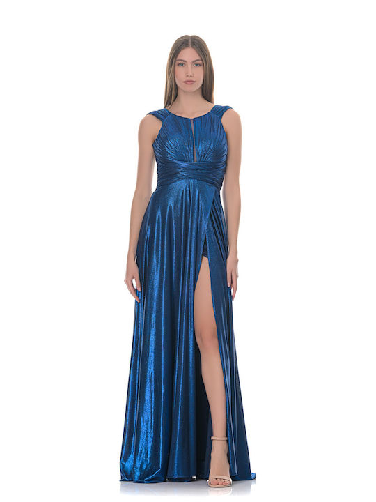 Rochie Maxi Blue Metallic Blue cu buzunare pe umăr