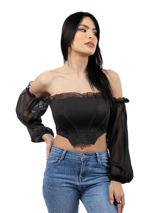 Corset de top negru pentru femei cu mânecă transparentă