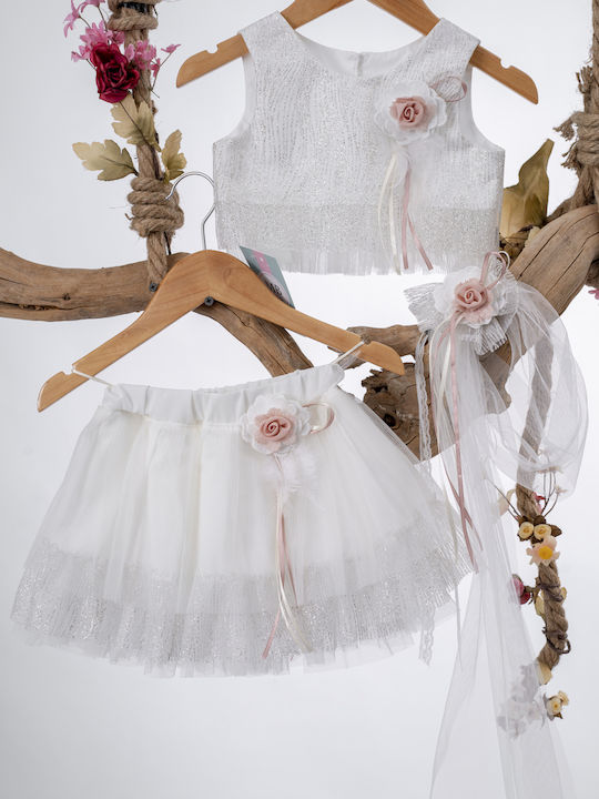 Makwedding Λευκό Βαπτιστικό Σετ Ρούχων με Αξεσουάρ Μαλλιών , Μπλουζάκι & Φούστα από Τούλι 3τμχ