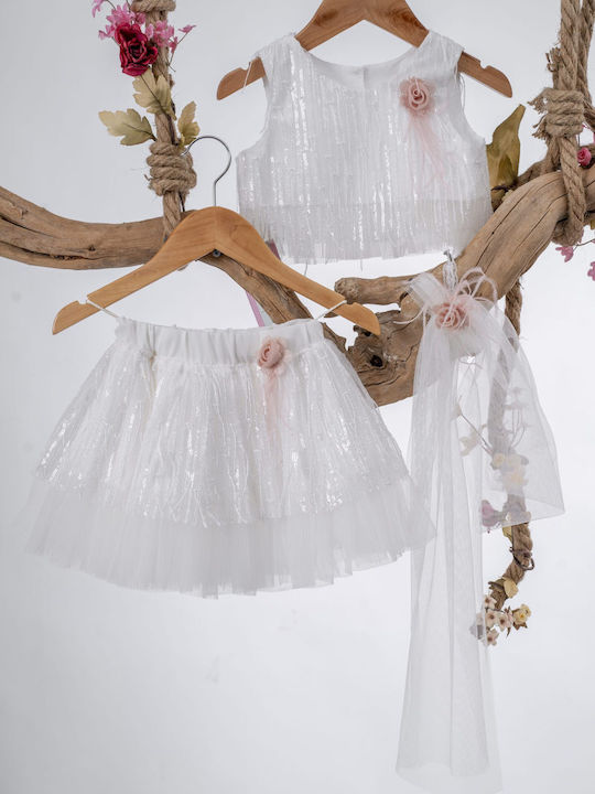 Makwedding Λευκό Βαπτιστικό Σετ Ρούχων με Αξεσουάρ Μαλλιών , Μπλουζάκι & Φούστα από Τούλι 3τμχ