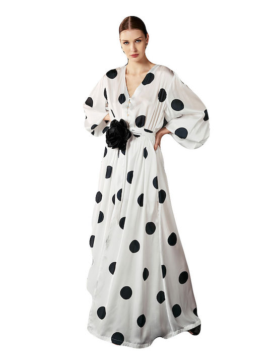 White Polka Dots Long Satin Belt Dress