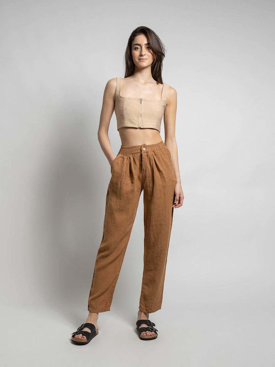 Linen Carrot Trousers Light Brown Camel