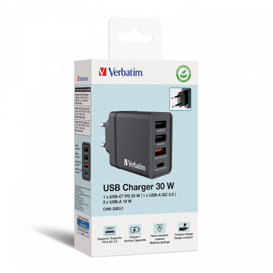 Verbatim Φορτιστής Χωρίς Καλώδιο με 3 Θύρες USB-A και Θύρα USB-C 30W Power Delivery / Quick Charge 3.0 Μαύρος (CHR-30EU2)