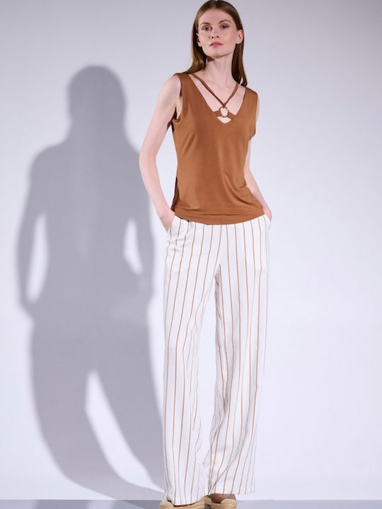 Matis Fashion Γυναικεία Ψηλόμεση Υφασμάτινη Παντελόνα με Λάστιχο σε Κανονική Εφαρμογή Ριγέ Εκρού