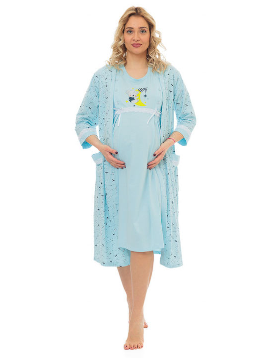 Nicoletta Short Nightgown for Maternity Hospital & Breastfeeding Light Blue