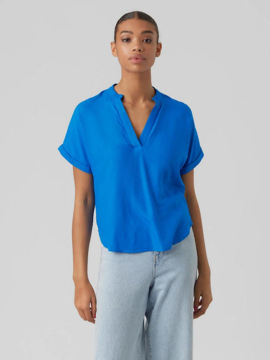 Women's Blouse Short Sleeve with V Neckline Blue