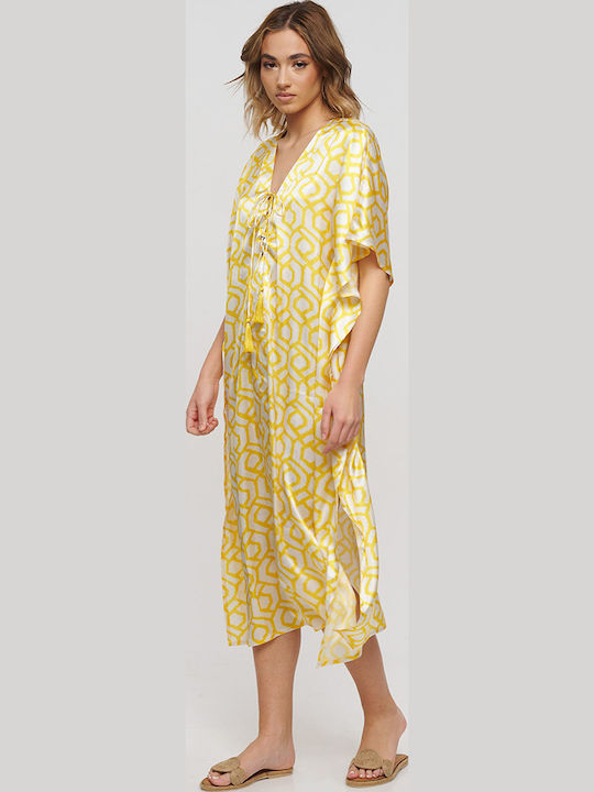 Ble Resort Collection One Size 100% Γυναικείο Μακρύ Καφτάνι Παραλίας Λευκο/κιτρινο