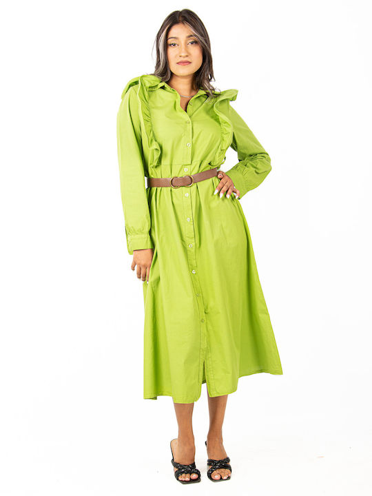 Φόρεμα Σεμιζιέ με Βολάν και Ζώνη Lime