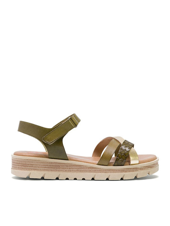 Leder Flache Sandalen für Damen Flatforms in Khaki Farbe