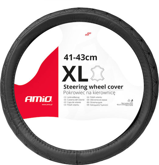 AMiO Car Steering Wheel Cover with Diameter 41-43cm made of Leatherette Black with Black Stitching