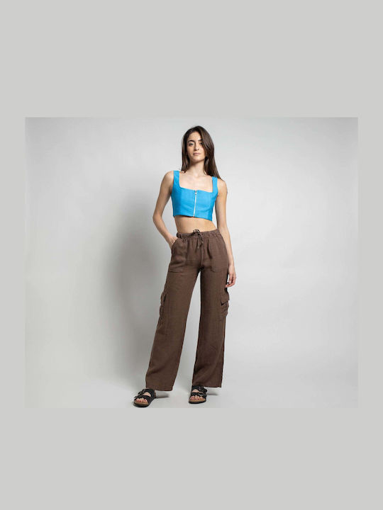 Damen Hoch tailliert Leinen Hose mit Gummizug in Geradem Schnitt Brown