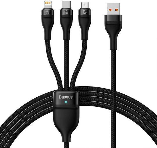 Baseus Flash 3in1 Regular USB to micro USB / Lightning / Type-C Cable Μαύρο 1.2m (BG-40492)