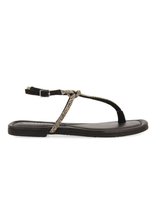 Leather Flat Sandals Gioseppo Strass Sandals Black