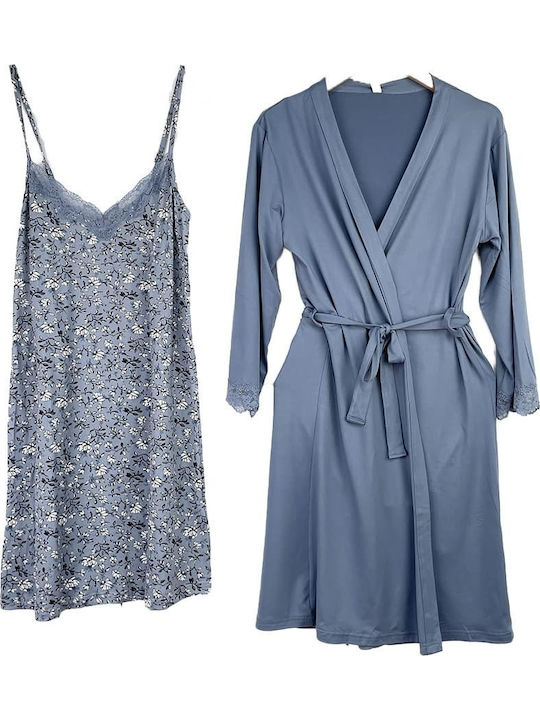 Pregnancy Set Cotton Cotton Robe Nightgown Nightdress Slim Fit Blue