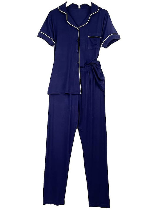 Damen Set Baumwolle Pyjamas Hemd Hemd Hose Regular Fit Blau