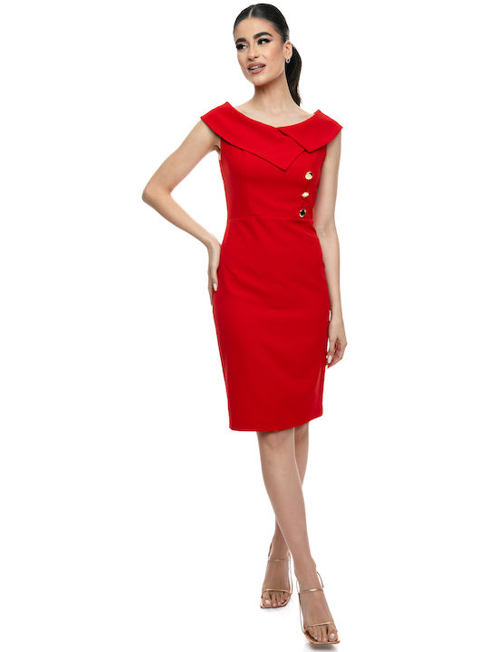 Κόκκινο Φόρεμα Μίντι Σιλουέτας Χρυσά Διακοσμητικά Κουμπιά Επίσημο & Στυλάτο