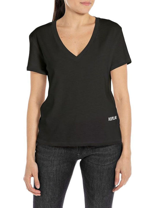 Replay Γυναικείο T-shirt με V Λαιμόκοψη Μαυρο