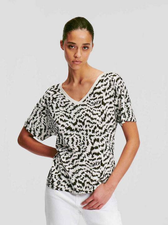 Karl Lagerfeld Print Women's Blouse Cotton Short Sleeve with V Neckline Animal Print White/Black